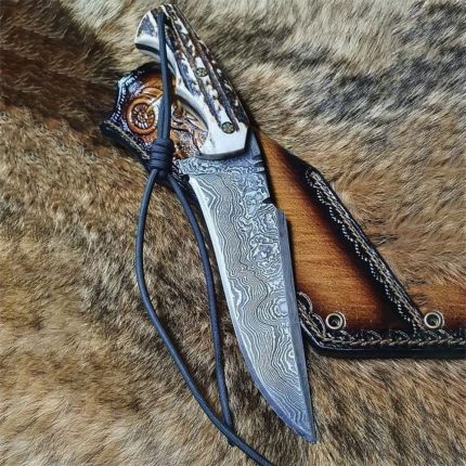 Handmade bowie knife with Damascus blade and elk antler handle